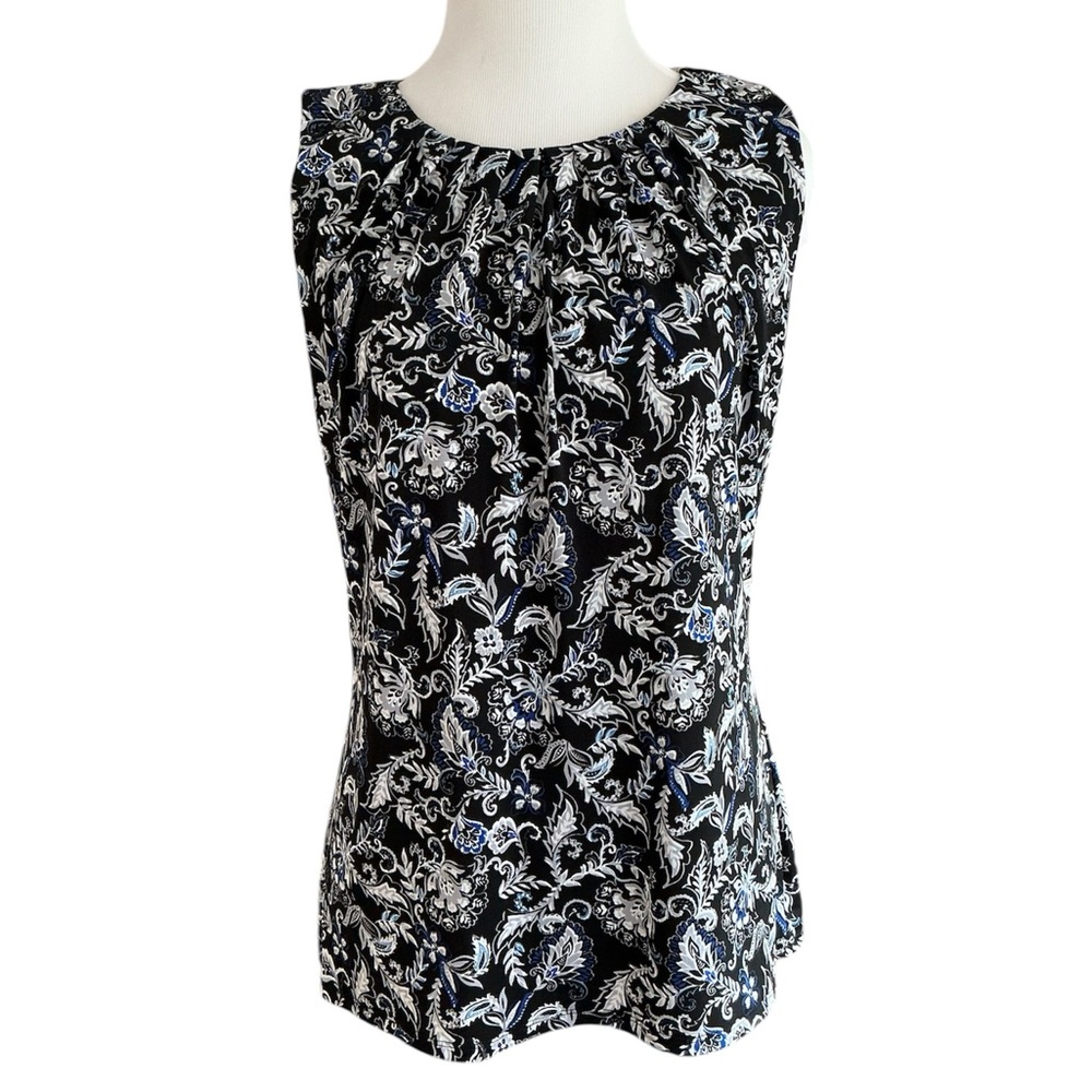 WHBM Blue White Sleeveless Business Floral Top Size Small